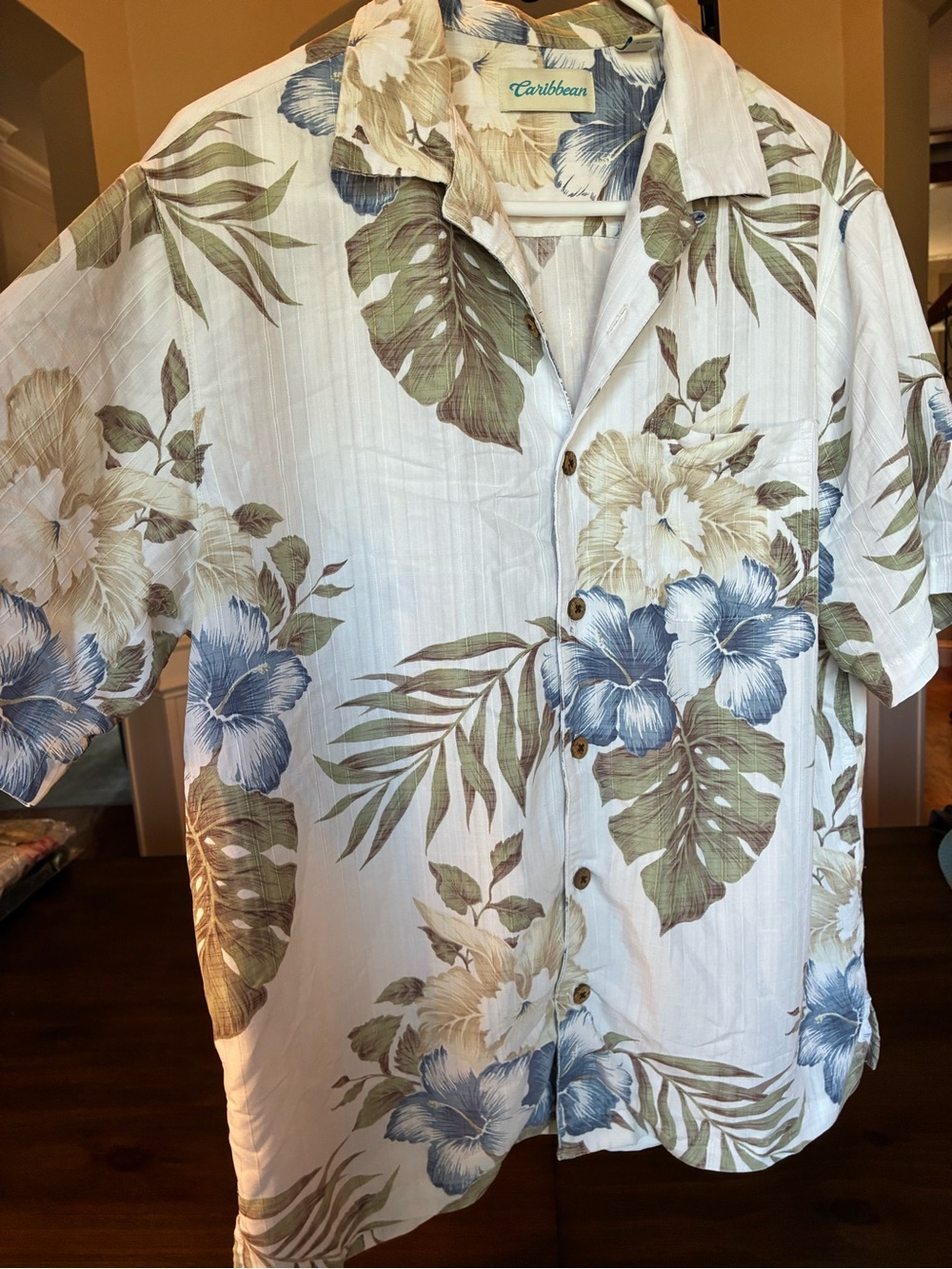 Caribbean White Hawaiian Shirt with Blue & Green Floral Print